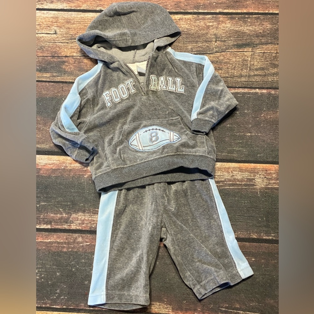 Miniwear Blue & Gray Velour Football Hoodie Set Pants 6–9 Months